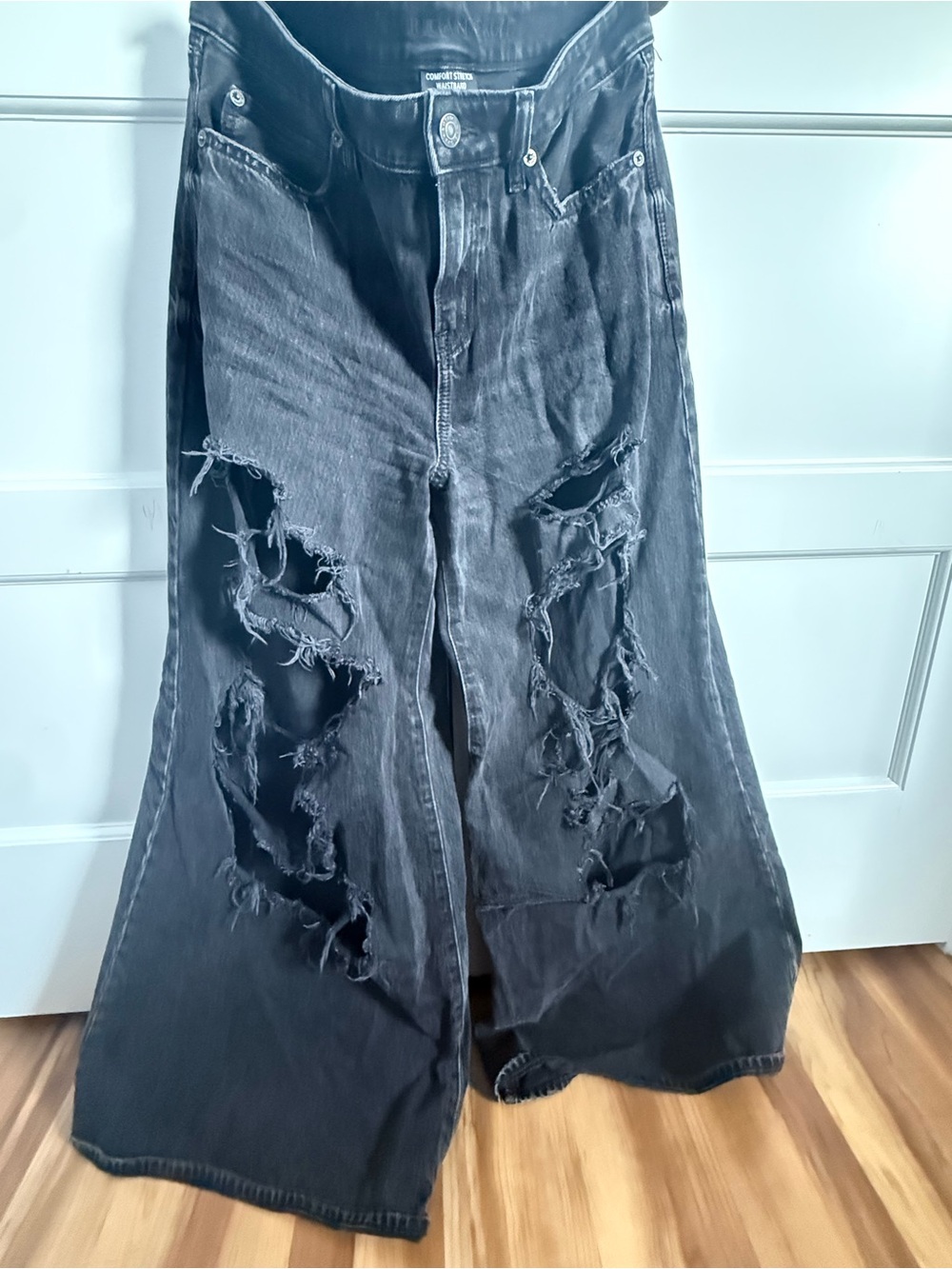 American Eagle Black Distressed Wide-Leg A Line Jeans